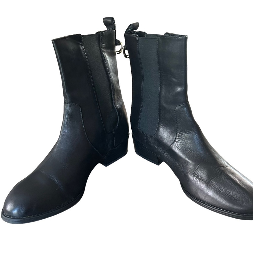 Lauren Ralph Lauren Black Leather Ankle Boots with Gold Buckle Accent - Picture 4 of 9